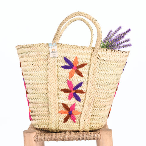 Large Bohemian Violet Stars - Embroidered Straw Basket Market Tote
